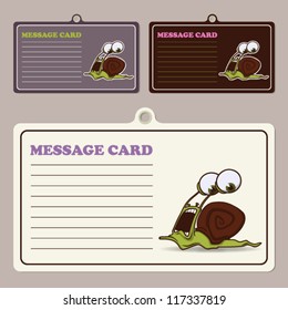 Set of vector message cards with cartoon snail character.