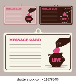 Set of vector message cards with hand, piggy bank and heart.