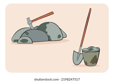 Set of vector metal pickaxe and shovel with stone pile. Flat cartoon props illustration.