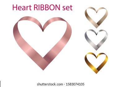 set of vector metal ribbons in the shape of a heart. Metal Gradients: pink, silver, gold, bronze. Vector stock illustration on white. For banner, greeting card, web background.