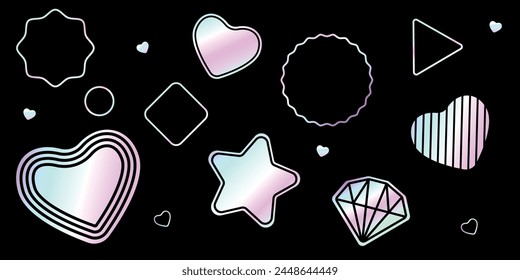 Set of vector metallic hologram stickers, stars, hearts, diamonds. Gradient silver badges isolated on black background
