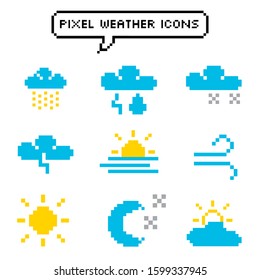Set of vector meteorology retro signs made in pixel art style. Climate conditions theme geometric pixilated symbols. stock illustration