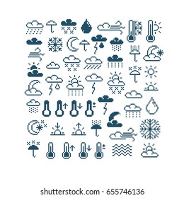 Set of vector meteorology retro signs made in pixel art style. Climate conditions theme geometric pixilated symbols.