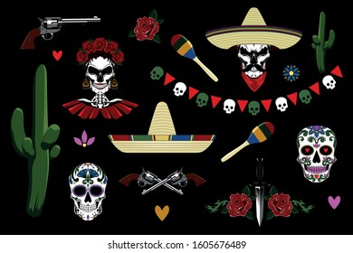 Set of vector mexican images. Skulls, cacti, revolvers. The day of the Dead. Image on a black background.