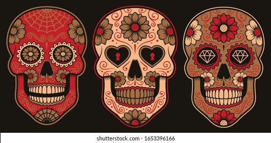 Set of vector Mexican sugar skulls on a dark background.