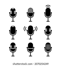 Set of vector microphone icons isolated on white background. Podcast.