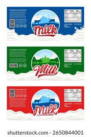 Conjunto de rótulos horizontais de leite vetorial. Modelos de design de embalagem de leite. Ilustrações de fazendas leiteiras