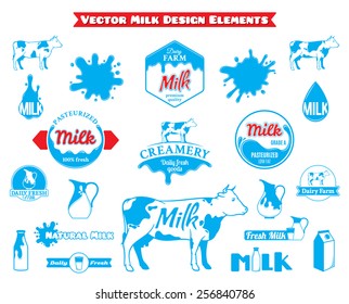 Set of Vector Milk Labels and Design Elements Isolated on White