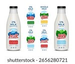 Set of vector milk labels. Milk glass bottles with labels