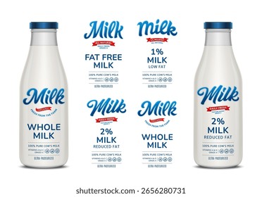 Set of vector milk labels. Milk glass bottles with labels