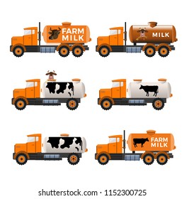 Set of vector milk tank trucks. Illustration isolated on white background