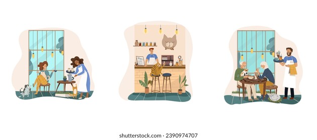 Set of vector mini illustrations, cartoon cat cafe characters, animal friendly cat, small business graphics, customer and barista. Modern flat vector.
People eat and talk together with a dog and a cat