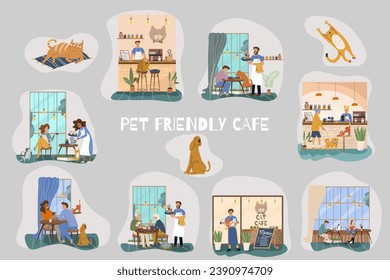 Set of vector mini illustrations, cartoon cat cafe characters, animal friendly cat, small business graphics, customer and barista. Modern flat vector.
People eat and talk together with a dog and a cat