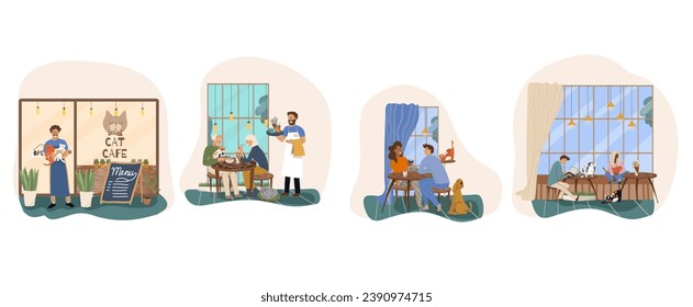 Set of vector mini illustrations, cartoon cat cafe characters, animal friendly cat, small business graphics, customer and barista. Modern flat vector.
People eat and talk together with a dog and a cat