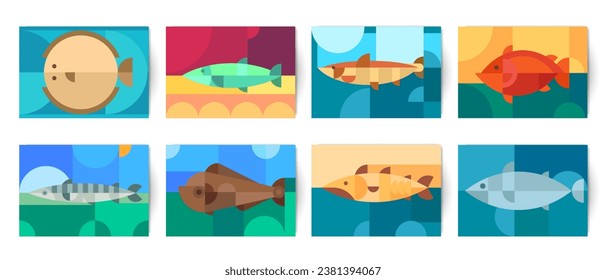 Set of vector minimal abstract geometric background with sea fish. Tuna, flounder, cod, herring, trout, mackerel, salmon, perch, halibut. Creative modern composition for banner, cover, poster, card.