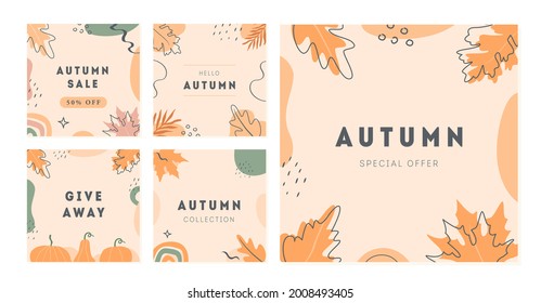 Set of vector minimal cards with abstract shapes, pumpkin and autumnal leaves. Autumn sale trendy post templates for social media. Modern square banners with copy space for text. Flat Illustration.