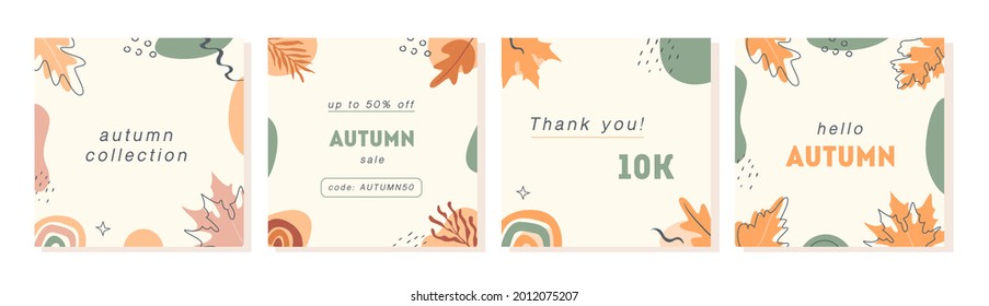 Set of vector minimal cards with geometric shapes and forest autumnal leaves. Trendy abstract post templates for social media. Autumn sale square banners. Vector illustration in flat style.