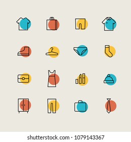 Set of vector minimal clothes shopping and wardrobe theme icons. Linear pictographs different men and woman shoes, underwear and outwear.