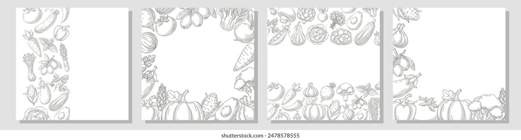 Set of vector minimal square cards, various border frame, veggies icons. Fresh, healthy farm vegetables. Space for text, isolated background. For poster, banner, menu, flyer, cover, social media
