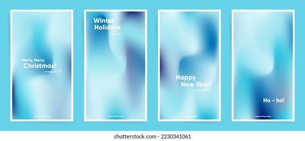 Set of vector minimal story backgrounds with blue blurry frost gradient. Mesh pattern for Merry Christmas and Happy New Year posts and postcards