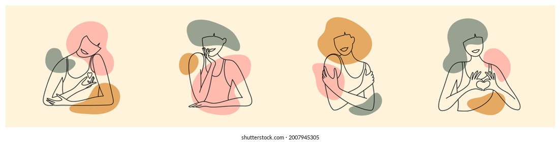 Set of vector minimalist female portraits, color abstract shapes. Woman silhouette in simple trendy linear style. Modern art, beauty and fashion poster. Self body care, love. Contemporary illustration