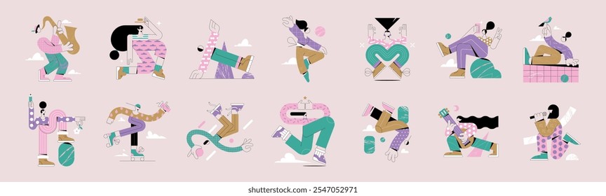 Conjunto de personajes de Vector, minimalistas y divertidos en colores pastel. Diseño de personajes en diversas y dinámicas poses.