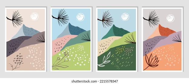 Set of vector minimalist hand painted illustrations with with mountains, sky, sun, flowers and trees. Winter, spring, summer, autumn. Natural abstract landscape background. For calendars and  posters.