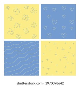 Set of vector minimalist patterns in doodles style. Linear textures for printing on clothing, printing and interior design. Two-color laconic patterns.