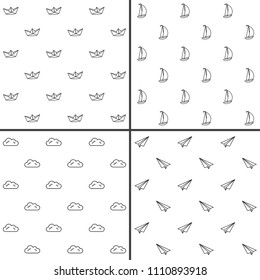 Set of vector minimalist seamless patterns with paper ship, plane, boat and clouds