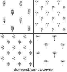 Set of vector minimalist seamless patterns with feather, flower, leaf and dandelion seed