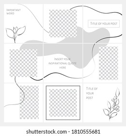 Set of vector minimalist templates for social media. Instagram post templates. Square editable templates. Abstract minimalist leaves background