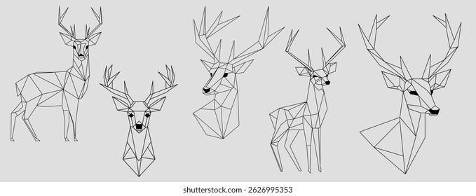 Set vector minimalistic abstract illustration of deer origami, forest animals using simple geometric shapes. Suitable for printing, wallpaper, digital projects. Hand drawn reindeer