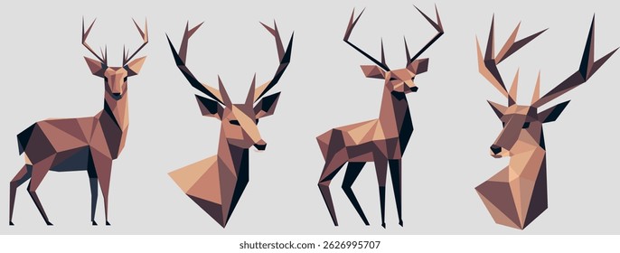 Set vector minimalistic abstract illustration of deer origami, forest animals using simple geometric shapes. Suitable for printing, wallpaper, digital projects. Hand drawn reindeer
