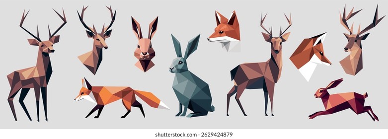 Set vector minimalistic abstract illustration of origami forest animals made using simple geometric shapes. Deer, fox, bunny, reindeer for printing, wallpaper, digital projects. 