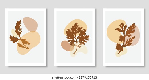 Set of vector minimalistic banners with plant parts made as silhouettes. Semitransparent rounded shapes on the colored background. Illustrations for greeting cards, invitations, interior design, etc.