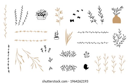 Set of vector minimalistic hand drawn floral icons. Flowers and leaves. For branding and business identity, for social media. Simple elegant illustrations, isolated objects.