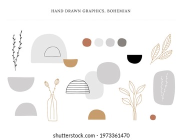 Set of vector minimalistic hand drawn icons in bohemian style. Modern abstract shapes and florals. For branding and business identity, for social media. Simple elegant illustrations, isolated objects.