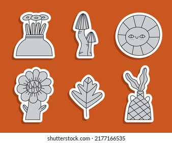 Set of vector minimalistic stickers with natural motifs. Hand drawn mushrooms, sun, sunflower, oak leaf, vases with flowers. Autumn vibes.