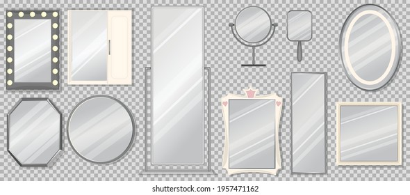 Set of vector mirrors of different models. Reflective mirror surface in silver frame, baby, tabletop, bath mirrors. Interior decor, vector