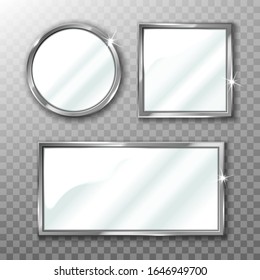 Set of vector mirrors of various shapes isolated on transparent background