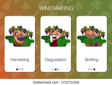 Set of vector mobile app pages on theme wine production. Stages of winemaking. Mountain and vineyards. Beautiful woman is harvesting grape. Male winemaker is tasting red wine. Vector flat cartoon