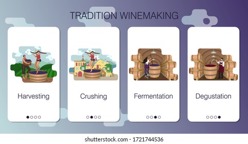 Satz von Vektor-Mobile-App-Seiten. Handwerkliche Weinkellerei. Stufen der traditionellen Weinbereitung. Gestaltung von Onboarding-Bildschirmen. Frauen ernten und zerkleinern Trauben. Der Winzer probiert Rotwein. Vektor-Flachkartoon