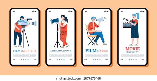 Set of vector mobile phone screen with characters of film making team - cameraman, sound and light engineer, director and assistant. Entertainment movie production.