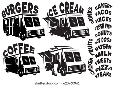 Set of vector mobile shops, vans, food trucks with various inscriptions