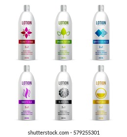 Set vector mock-up of empty and clean glossy plastic cosmetic bottle with cap. DEsign template 3d white container for branding, advertising, identity. Blank package isolated on white background.