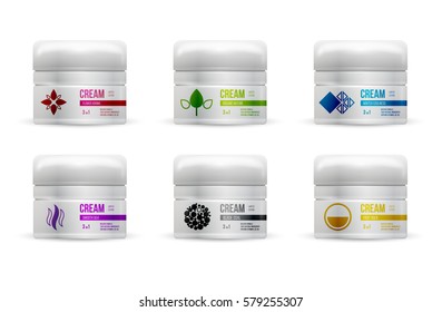Set vector mock-up of empty and clean round glossy plastic jar with lid. Design template 3d white plastic container for branding, advertising, identity. Isolated on white background.