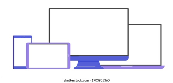 Set of vector mockups of devices. Computer monitor, laptop, tablet and smartphone. Flat design.