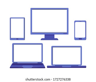 Conjunto de modelos vectoriales de dispositivos. Monitor de ordenador, portátil, tablet y smartphone con salvapantallas en blanco aislado en fondo blanco. Plantilla para infografías o presentaciones. Diseño plano.