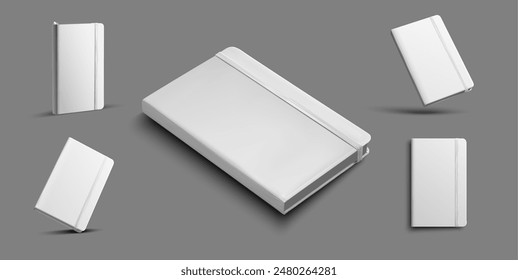 Set of vector mockups of hardcover notebook and bookmark. Design presentation template. White blank