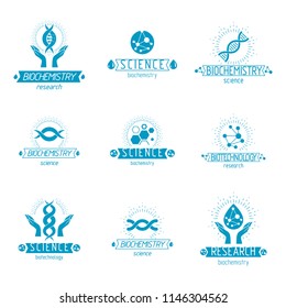 Set of vector models of molecule and human dna. Collection of corporate logotypes created in biomedical engineering, genetics, molecular genetics and biotechnology concepts.